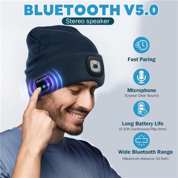 Bluetooth Beanie Hats with Light,Unisex Rechargable LED Beanie with Headphone - Picture 3 of 6